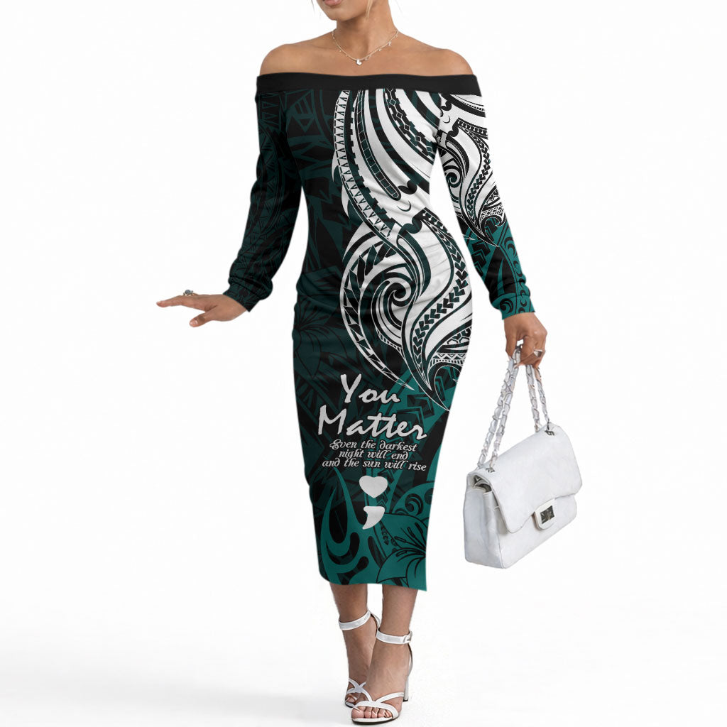 You Matter Suicide Prevention Support Off The Shoulder Long Sleeve Dress Turquoise Polynesian Tribal