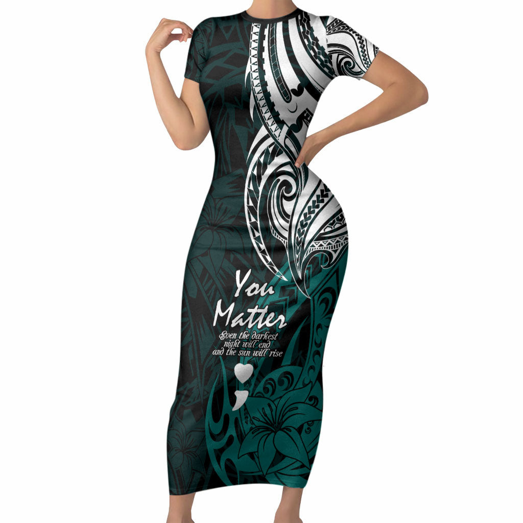 You Matter Suicide Prevention Support Short Sleeve Bodycon Dress Turquoise Polynesian Tribal