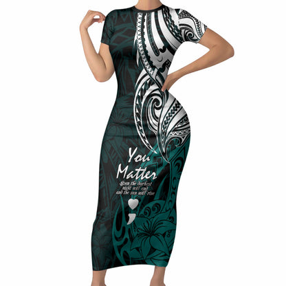 You Matter Suicide Prevention Support Short Sleeve Bodycon Dress Turquoise Polynesian Tribal