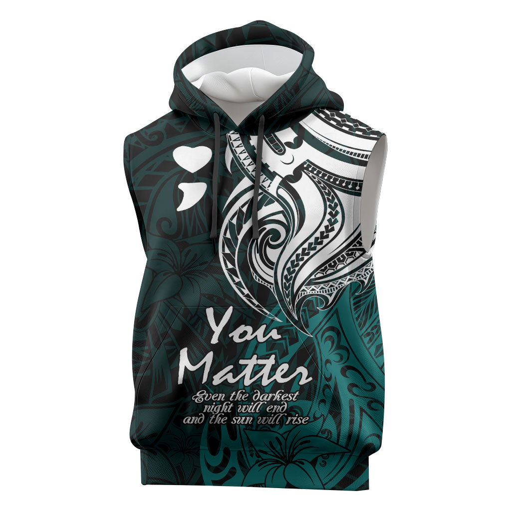 You Matter Suicide Prevention Support Sleeveless Hoodie Turquoise Polynesian Tribal