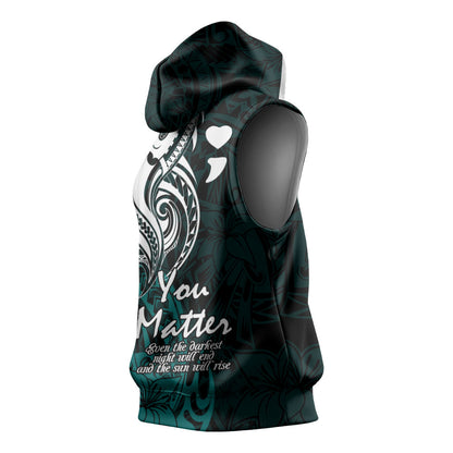 You Matter Suicide Prevention Support Sleeveless Hoodie Turquoise Polynesian Tribal