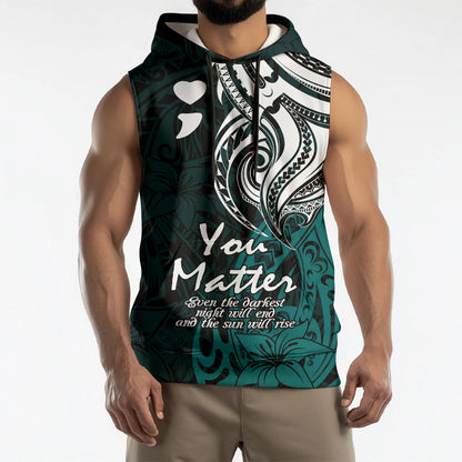 You Matter Suicide Prevention Support Sleeveless Hoodie Turquoise Polynesian Tribal