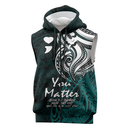 You Matter Suicide Prevention Support Sleeveless Zip Hoodie Turquoise Polynesian Tribal