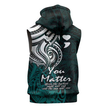You Matter Suicide Prevention Support Sleeveless Zip Hoodie Turquoise Polynesian Tribal
