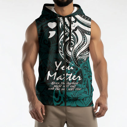 You Matter Suicide Prevention Support Sleeveless Zip Hoodie Turquoise Polynesian Tribal