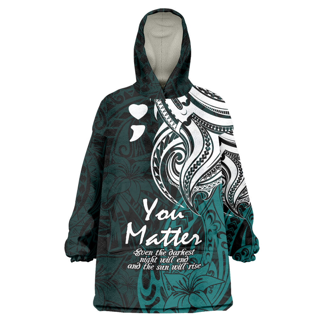 You Matter Suicide Prevention Support Wearable Blanket Hoodie Turquoise Polynesian Tribal