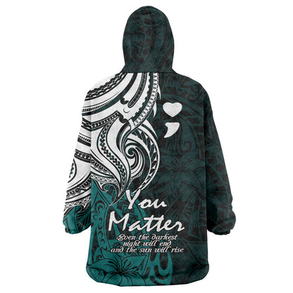 You Matter Suicide Prevention Support Wearable Blanket Hoodie Turquoise Polynesian Tribal