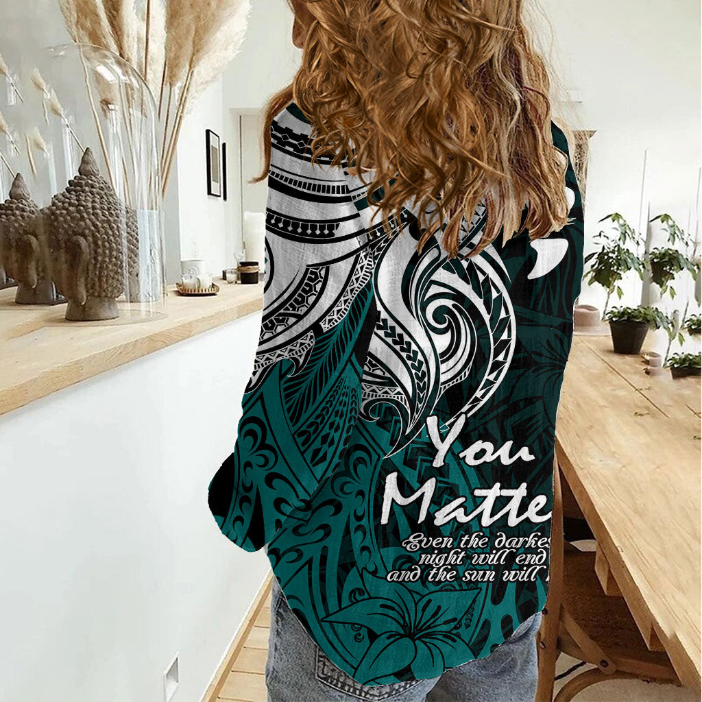You Matter Suicide Prevention Support Women Casual Shirt Turquoise Polynesian Tribal