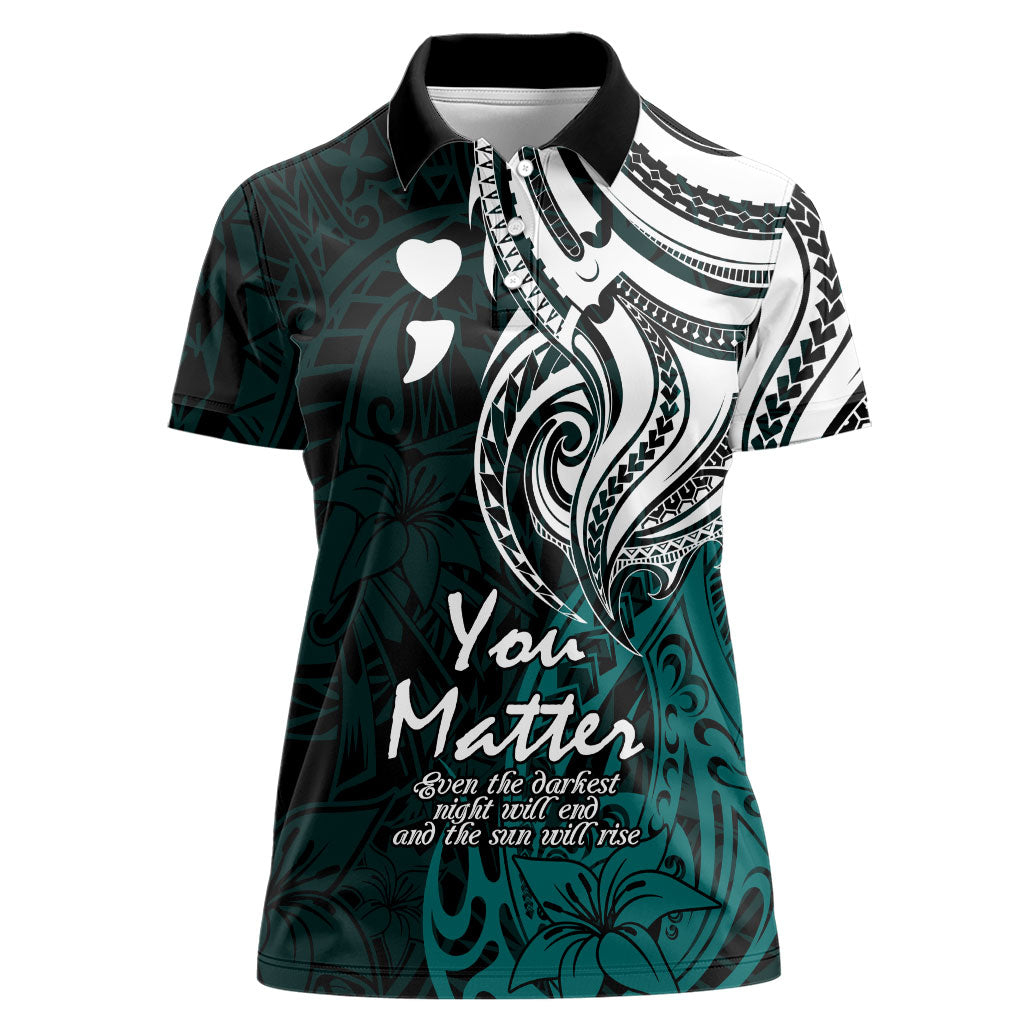 You Matter Suicide Prevention Support Women Polo Shirt Turquoise Polynesian Tribal