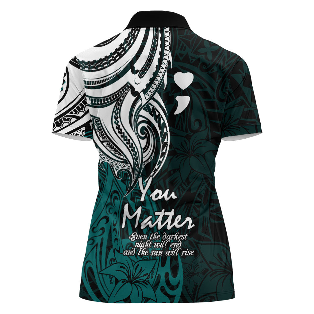 You Matter Suicide Prevention Support Women Polo Shirt Turquoise Polynesian Tribal