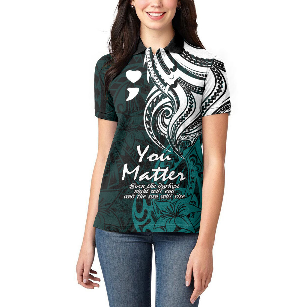 You Matter Suicide Prevention Support Women Polo Shirt Turquoise Polynesian Tribal