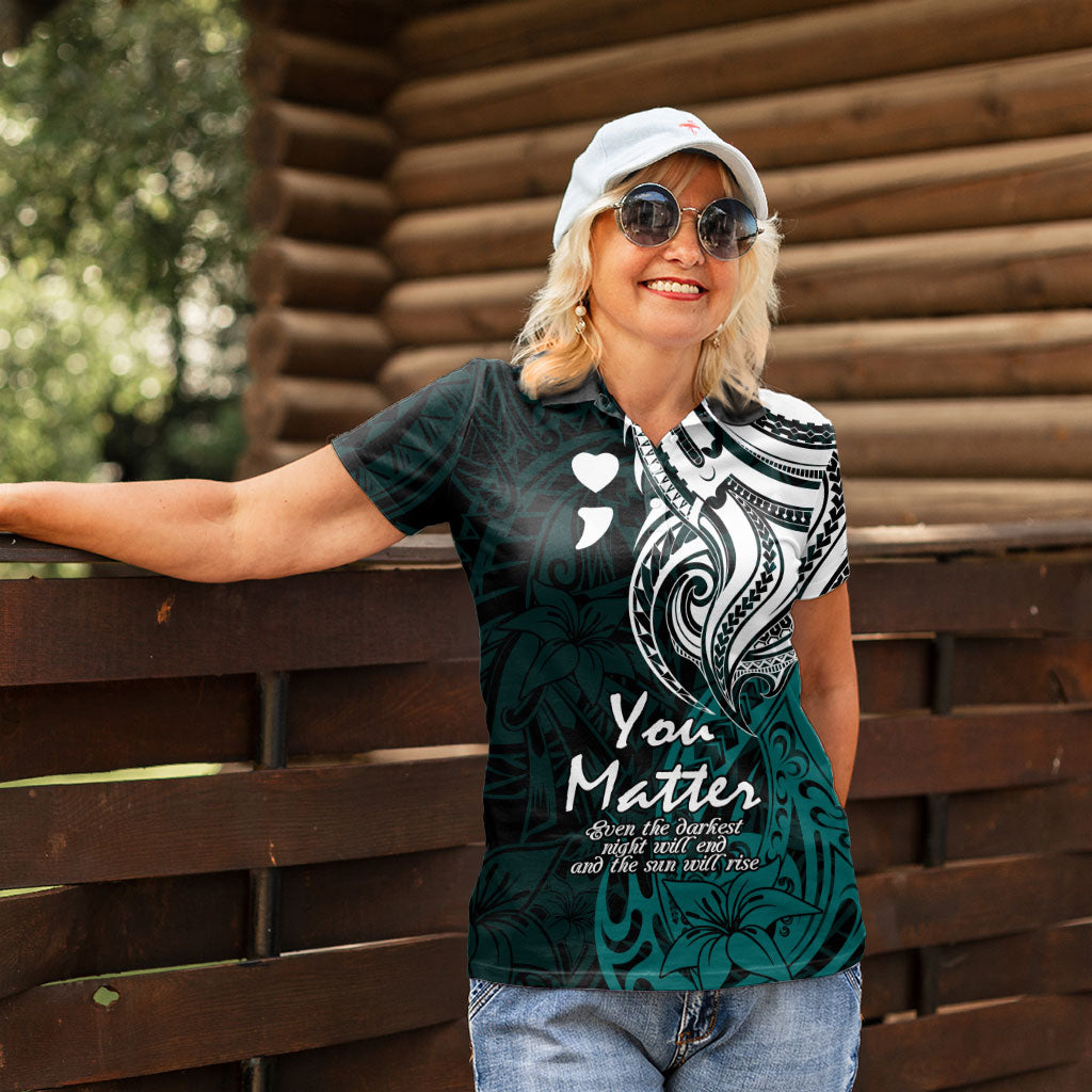 You Matter Suicide Prevention Support Women Polo Shirt Turquoise Polynesian Tribal