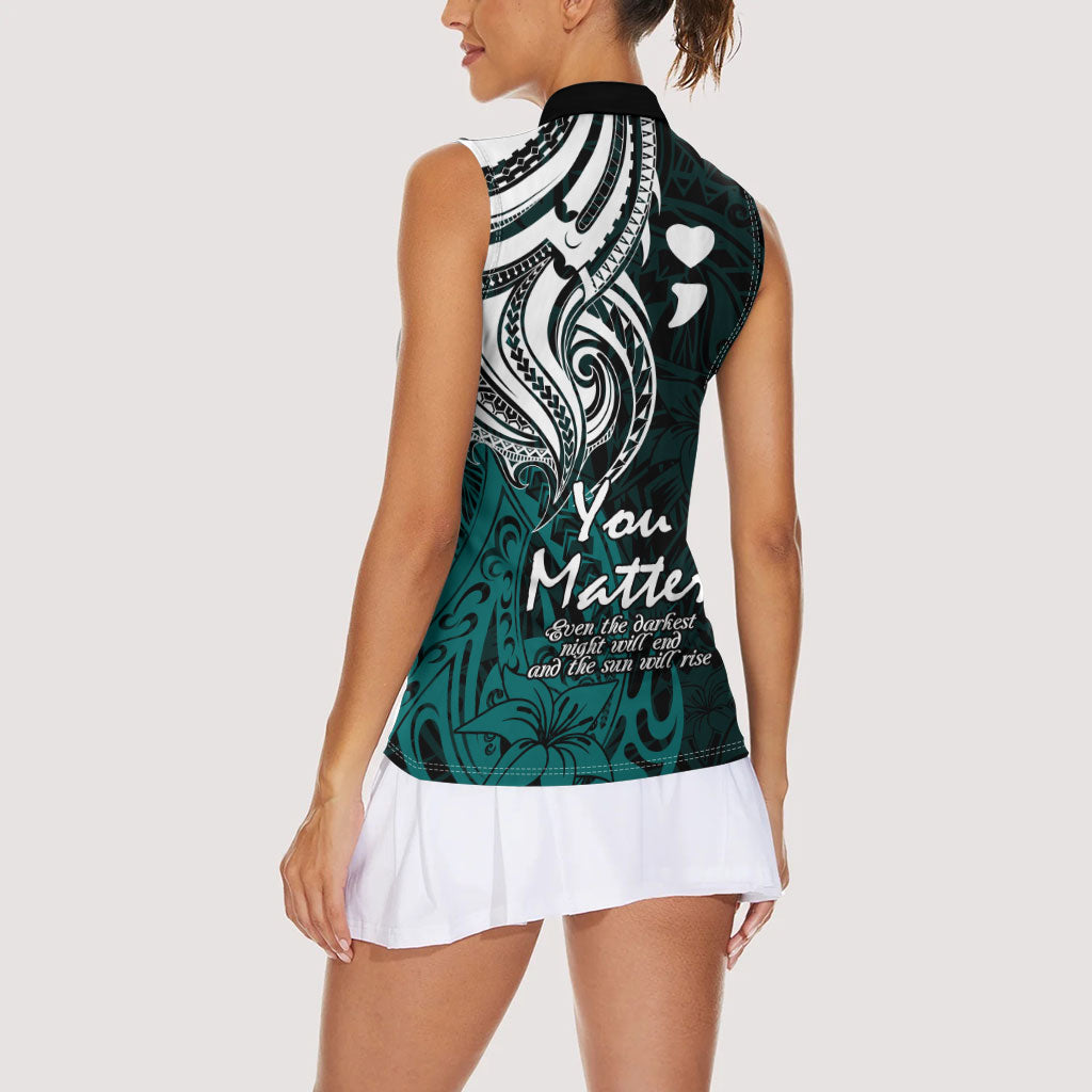 You Matter Suicide Prevention Support Women Sleeveless Polo Shirt Turquoise Polynesian Tribal