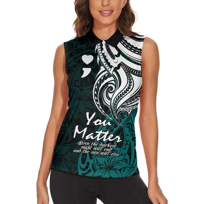 You Matter Suicide Prevention Support Women Sleeveless Polo Shirt Turquoise Polynesian Tribal