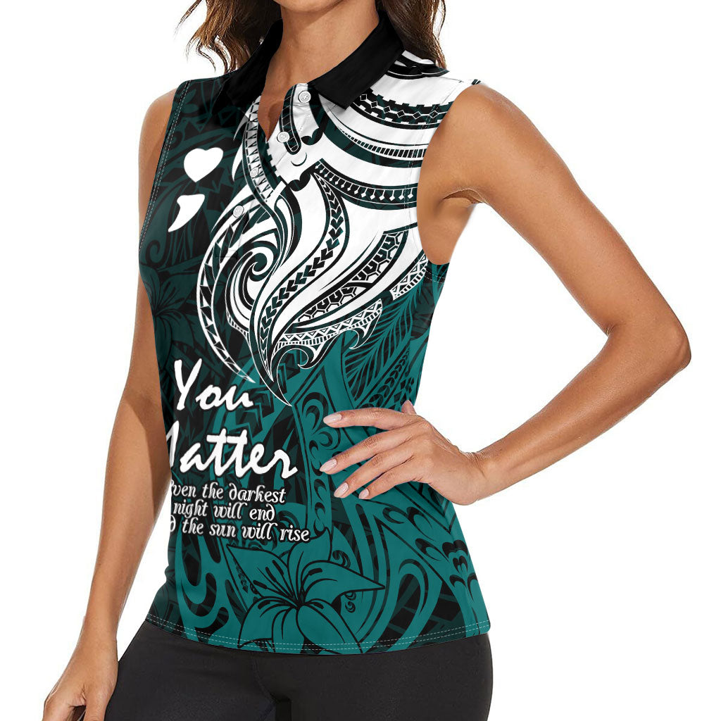You Matter Suicide Prevention Support Women Sleeveless Polo Shirt Turquoise Polynesian Tribal