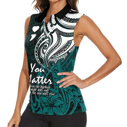 You Matter Suicide Prevention Support Women Sleeveless Polo Shirt Turquoise Polynesian Tribal