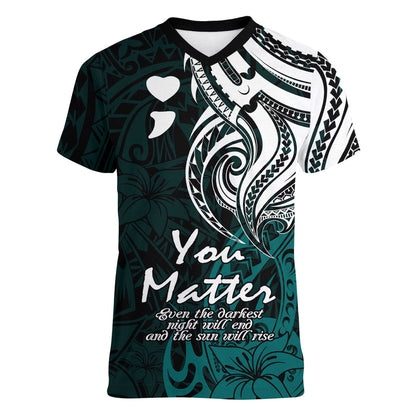 You Matter Suicide Prevention Support Women V-Neck T-Shirt Turquoise Polynesian Tribal