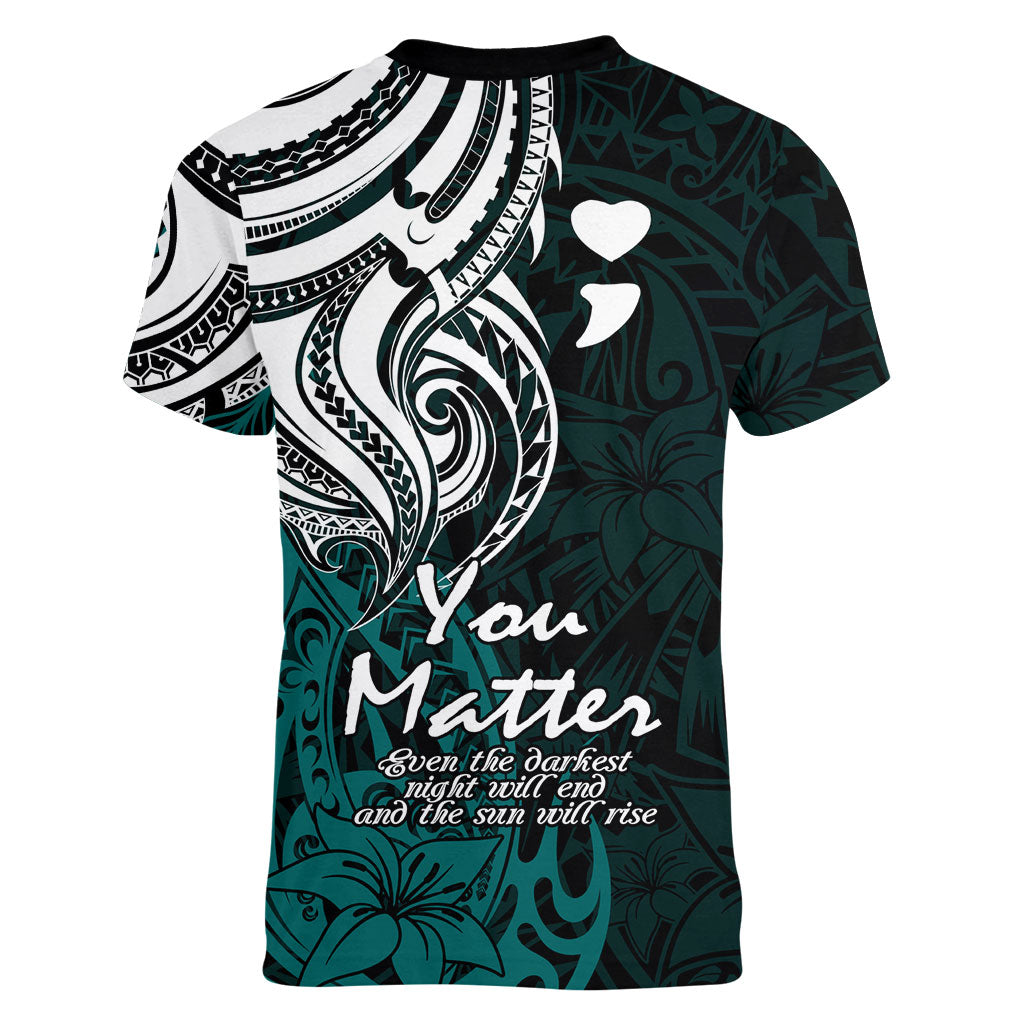 You Matter Suicide Prevention Support Women V-Neck T-Shirt Turquoise Polynesian Tribal