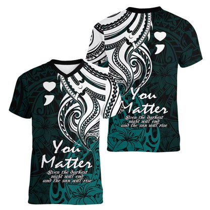 You Matter Suicide Prevention Support Women V-Neck T-Shirt Turquoise Polynesian Tribal