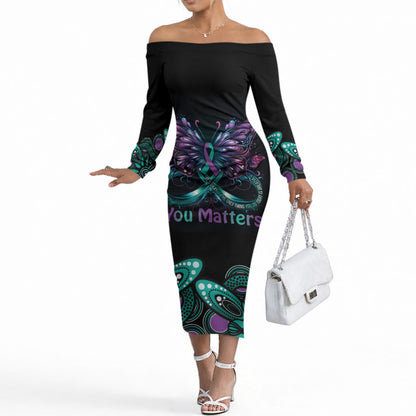 Personalised Hope Fight Suicide Prevention Support Off The Shoulder Long Sleeve Dress Aboriginal Motif