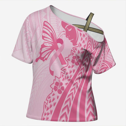 Pacific Girl and Butterfly Cancer Pink Ribbon Personalised Cross Shoulder Shirt