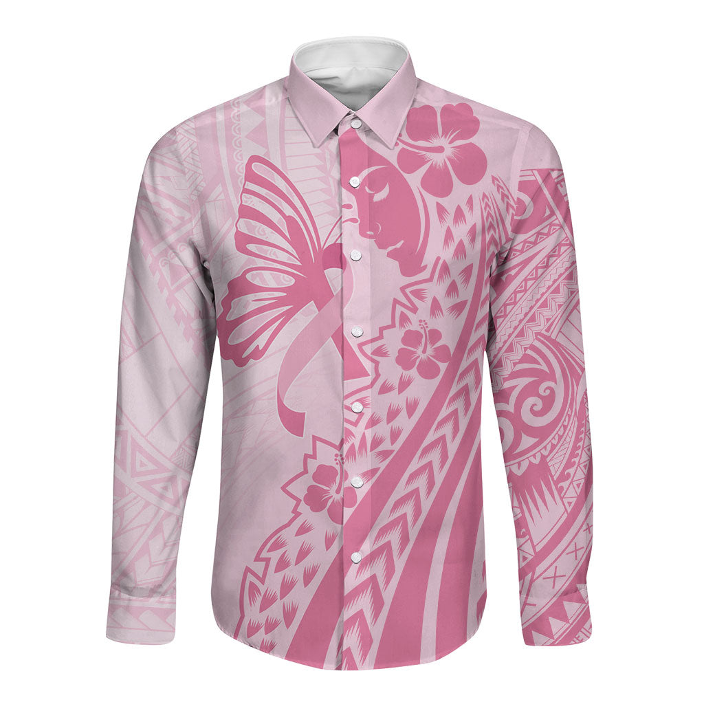 Pacific Girl and Butterfly Cancer Pink Ribbon Personalised Long Sleeve Button Shirt