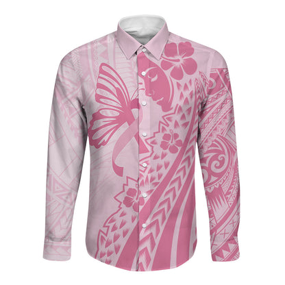Pacific Girl and Butterfly Cancer Pink Ribbon Personalised Long Sleeve Button Shirt