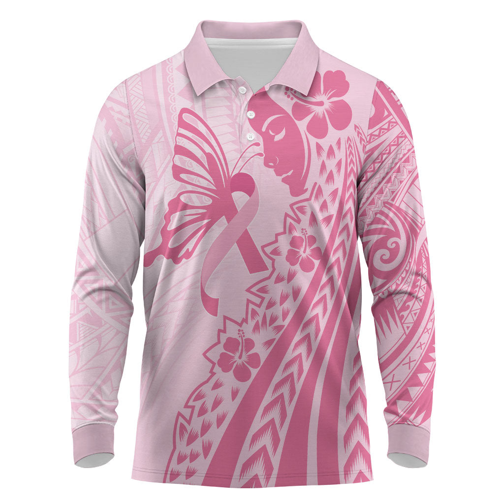 Pacific Girl and Butterfly Cancer Pink Ribbon Personalised Long Sleeve Polo Shirt