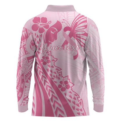 Pacific Girl and Butterfly Cancer Pink Ribbon Personalised Long Sleeve Polo Shirt