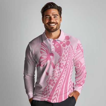 Pacific Girl and Butterfly Cancer Pink Ribbon Personalised Long Sleeve Polo Shirt