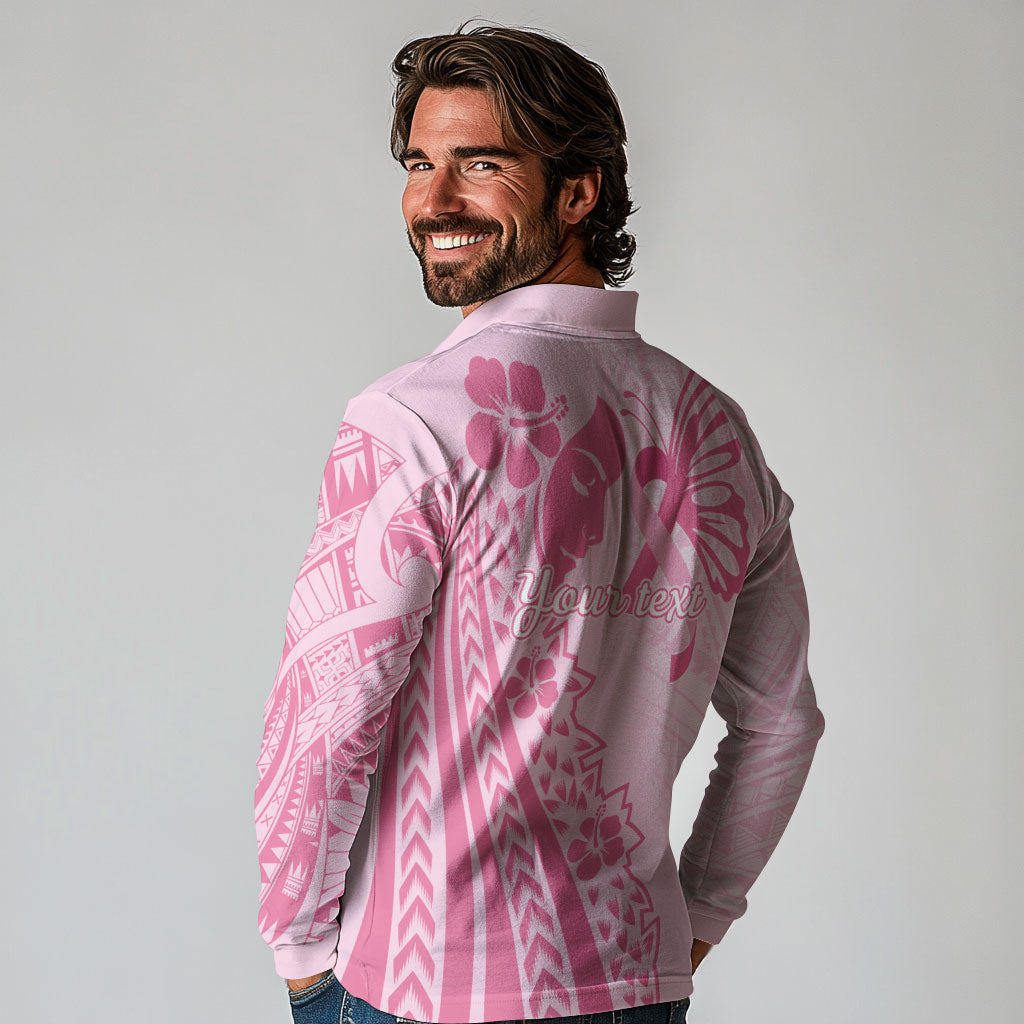 Pacific Girl and Butterfly Cancer Pink Ribbon Personalised Long Sleeve Polo Shirt