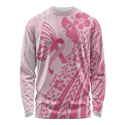 Pacific Girl and Butterfly Cancer Pink Ribbon Personalised Long Sleeve Shirt