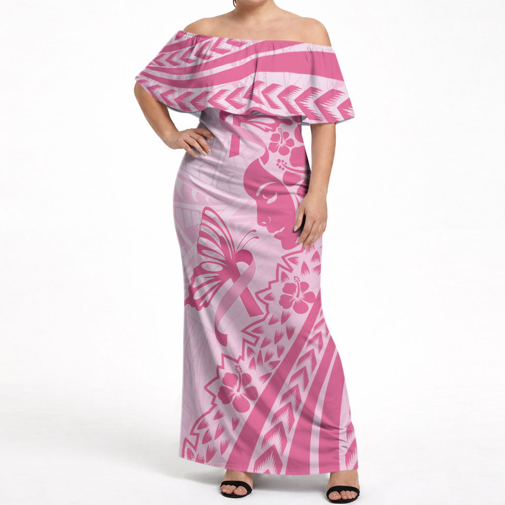 Pacific Girl and Butterfly Cancer Pink Ribbon Personalised Off Shoulder Maxi Dress