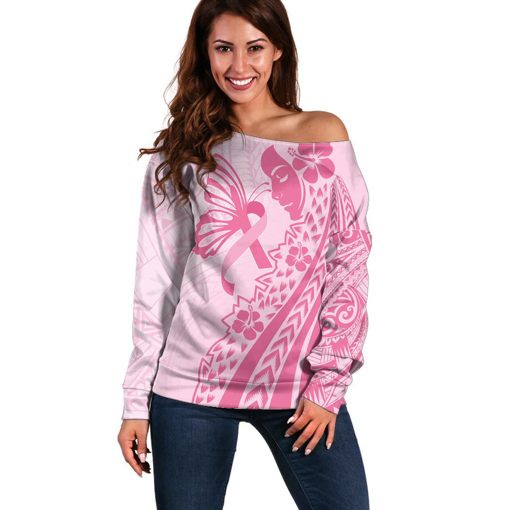Pacific Girl and Butterfly Cancer Pink Ribbon Personalised Off Shoulder Sweater