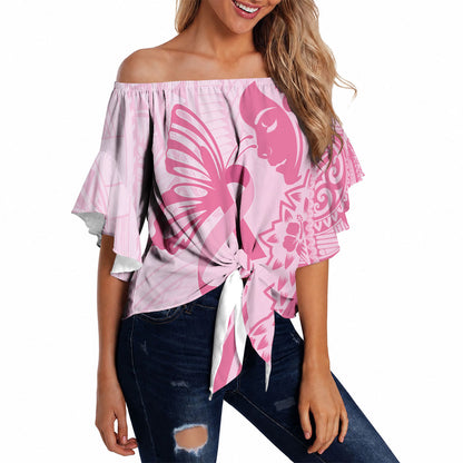 Pacific Girl and Butterfly Cancer Pink Ribbon Personalised Off Shoulder Wrap Waist Top