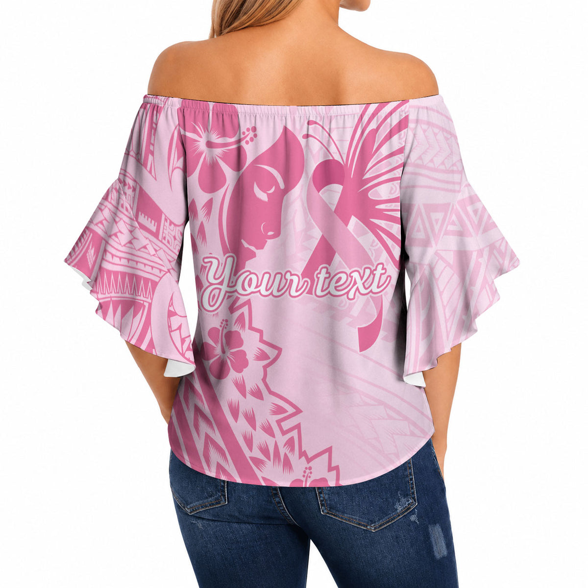 Pacific Girl and Butterfly Cancer Pink Ribbon Personalised Off Shoulder Wrap Waist Top
