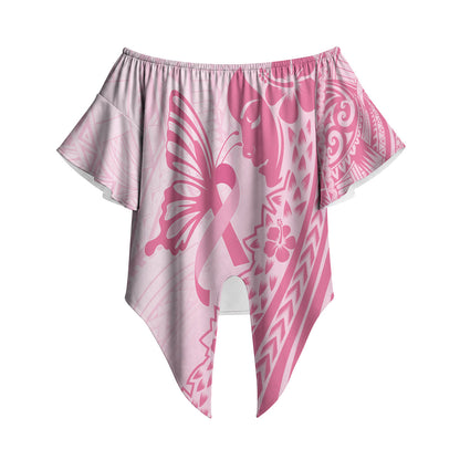 Pacific Girl and Butterfly Cancer Pink Ribbon Personalised Off Shoulder Wrap Waist Top