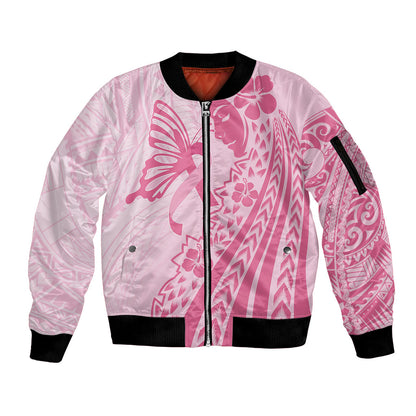 Pacific Girl and Butterfly Cancer Pink Ribbon Personalised Sleeve Zip Bomber Jacket