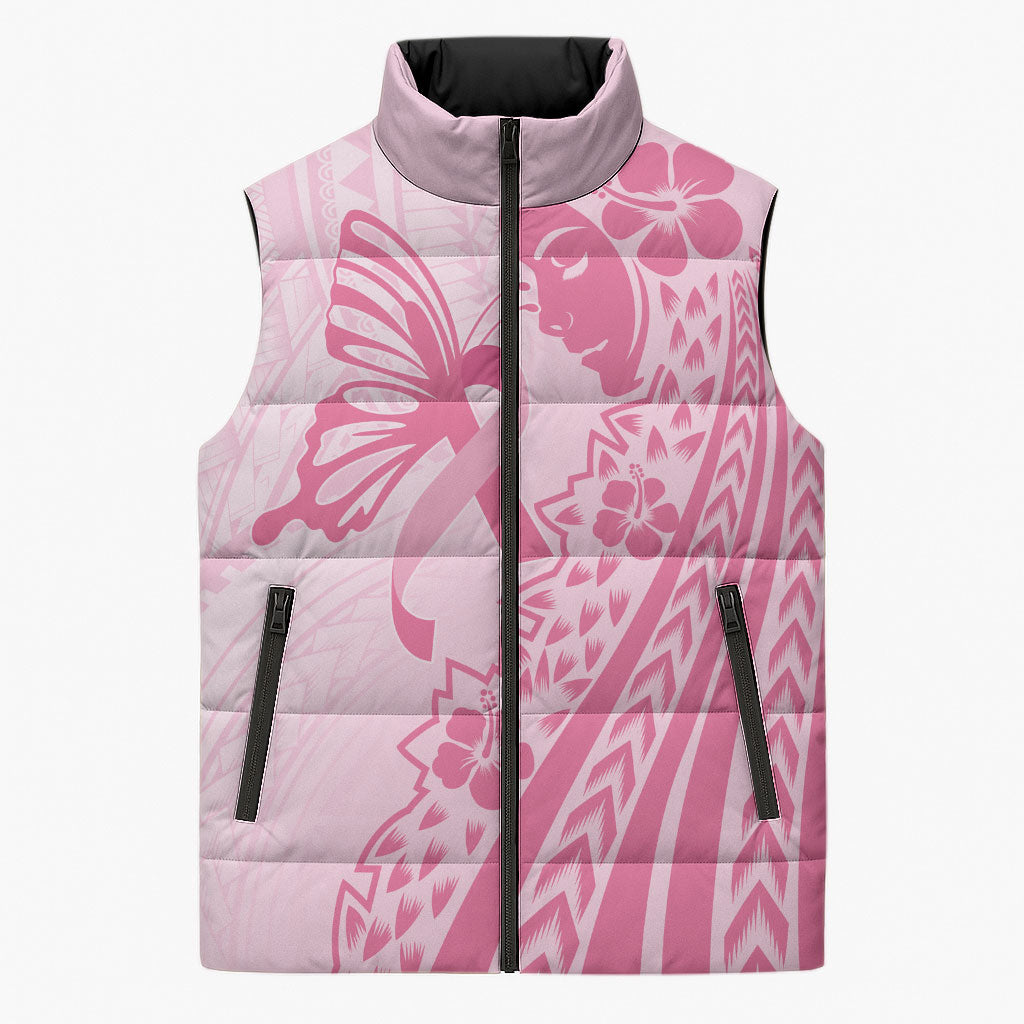 Pacific Girl and Butterfly Cancer Pink Ribbon Personalised Sleeveless Puffer Jacket