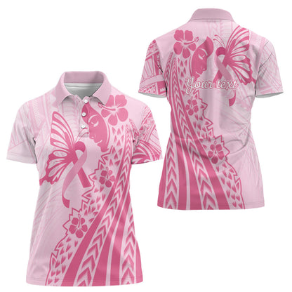 Pacific Girl and Butterfly Cancer Pink Ribbon Personalised Women Polo Shirt