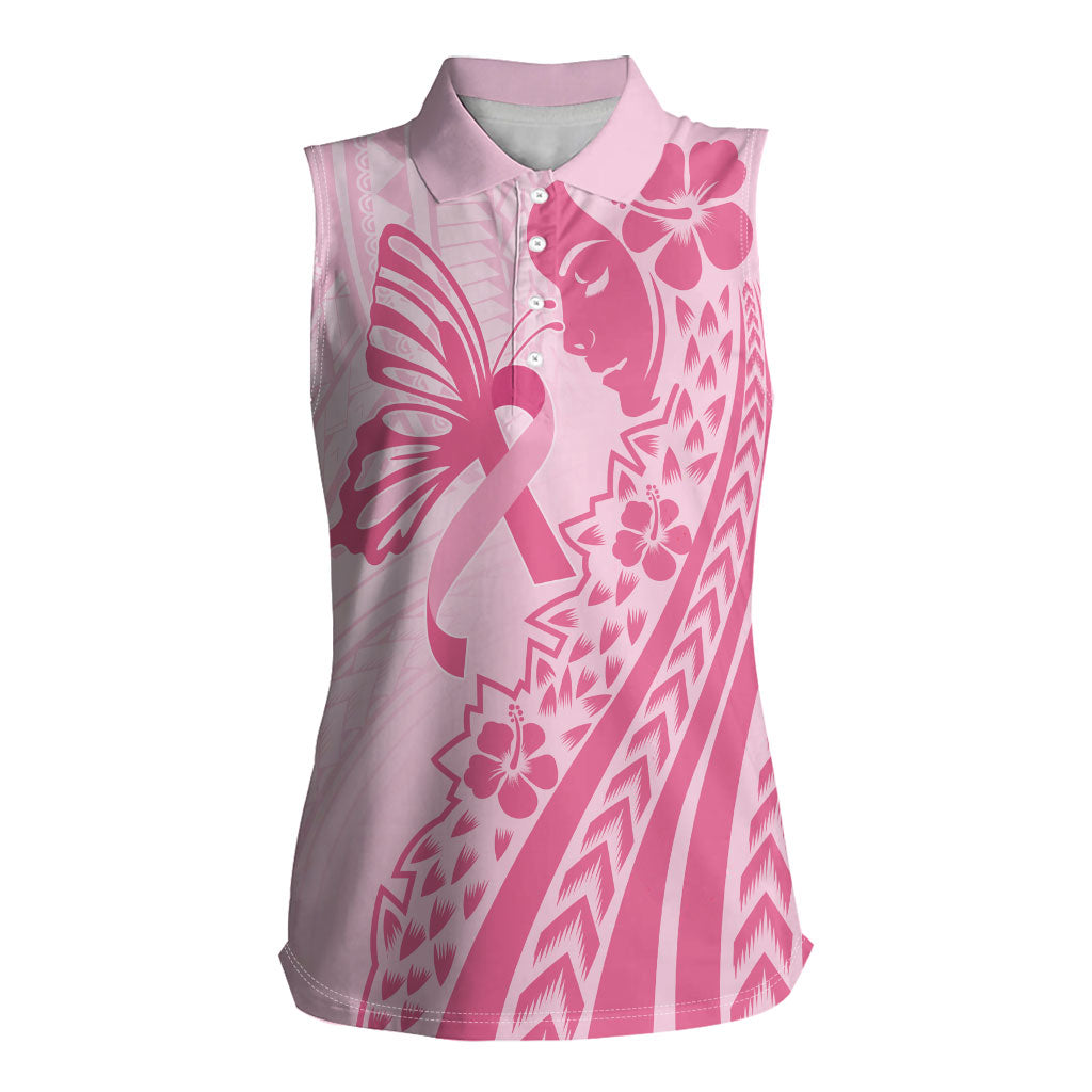 Pacific Girl and Butterfly Cancer Pink Ribbon Personalised Women Sleeveless Polo Shirt