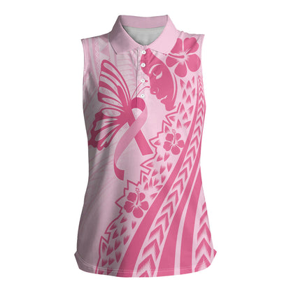 Pacific Girl and Butterfly Cancer Pink Ribbon Personalised Women Sleeveless Polo Shirt