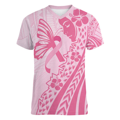 Pacific Girl and Butterfly Cancer Pink Ribbon Personalised Women V-Neck T-Shirt