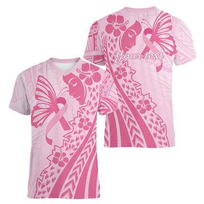 Pacific Girl and Butterfly Cancer Pink Ribbon Personalised Women V-Neck T-Shirt