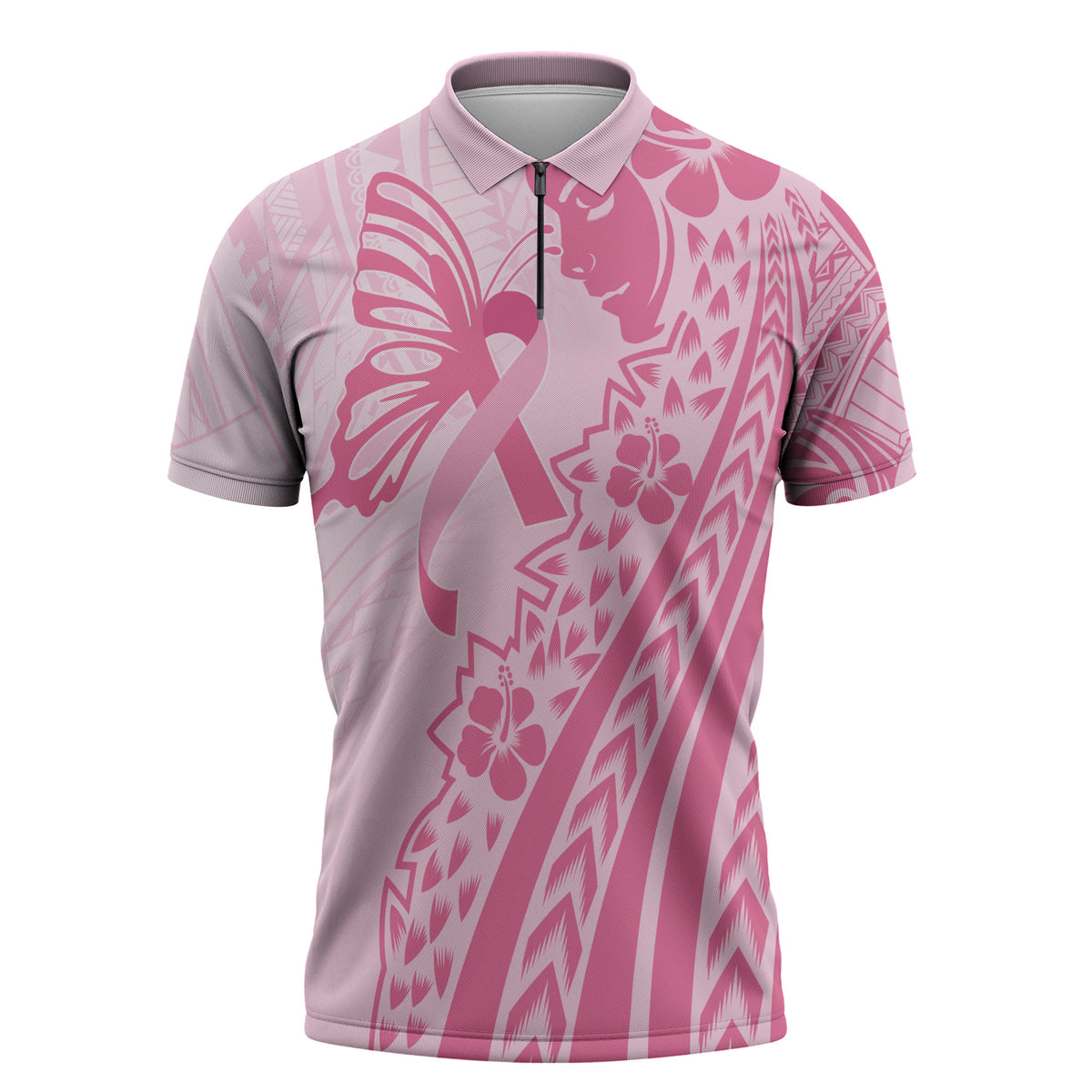Pacific Girl and Butterfly Cancer Pink Ribbon Personalised Zipper Polo Shirt