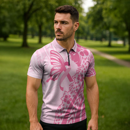 Pacific Girl and Butterfly Cancer Pink Ribbon Personalised Zipper Polo Shirt