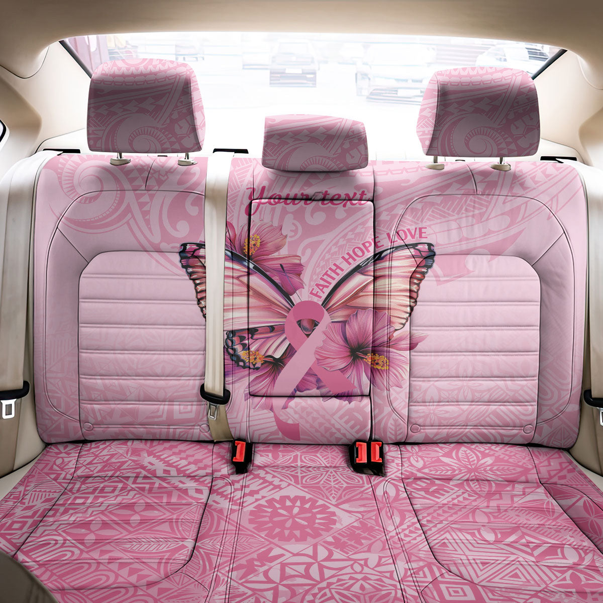 Faith Hope Love Butterfly Pink Ribbon Personalised Back Car Seat Cover Polynesian Tribal Pattern