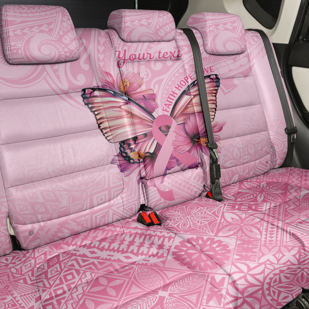 Faith Hope Love Butterfly Pink Ribbon Personalised Back Car Seat Cover Polynesian Tribal Pattern