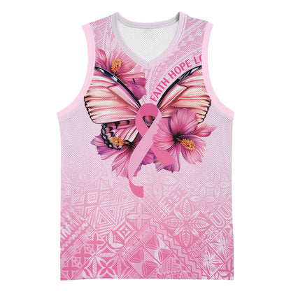 Faith Hope Love Butterfly Pink Ribbon Personalised Basketball Jersey Polynesian Tribal Pattern