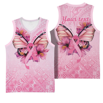 Faith Hope Love Butterfly Pink Ribbon Personalised Basketball Jersey Polynesian Tribal Pattern